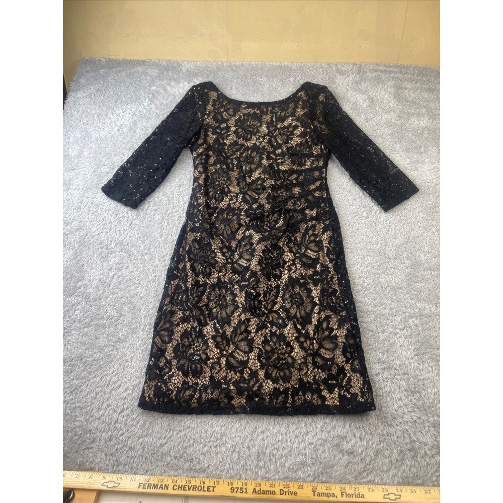 Scarlett Lace Sheath Dress Womens Size 6 Black Sequin 3/4 Sleeve Bodycon‎ Goth